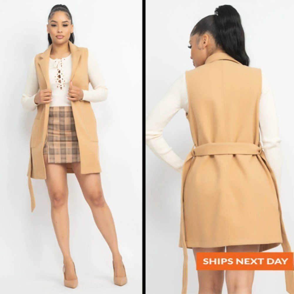 Belted Longline Sleeveless Coat - Sleeveless Coat - Sleeveless Trench Coat